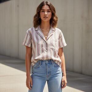 Free People Oversized Striped Button Down Top Coastal Casual Boho Small Oversize